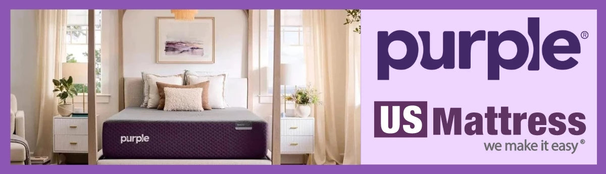 Graphic with a purple border, display the purple logo and the US-Mattress logo, as well as the Purple Restore Premier Hybrid mattress in a bright bedroom