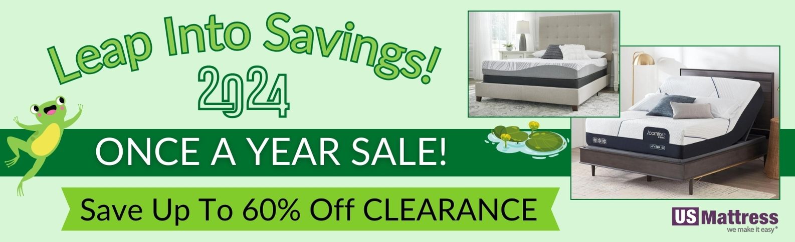 Leap into savings 2024, once a year sale! Save up to 60% off clearance. Green frog theme aesthetic.