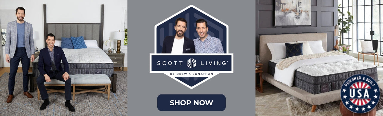 Scott Living by restonic logo featured on the right side of an image of the Scott Brothers standing next to one of the mattresses they designed