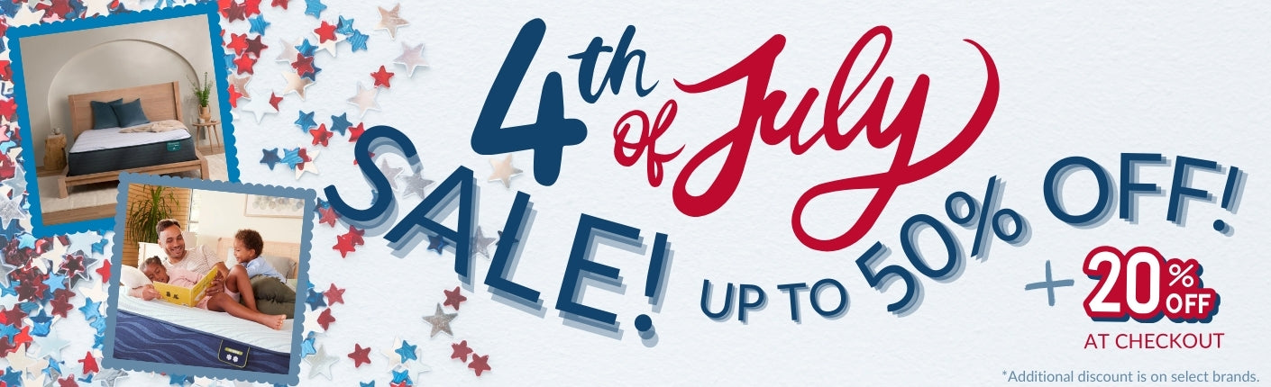 Graphic with red white and blue confetti and details. 4th of July sale! up to 50% off! plus 20% off at checkout. Additionanl discount is on select brands. 