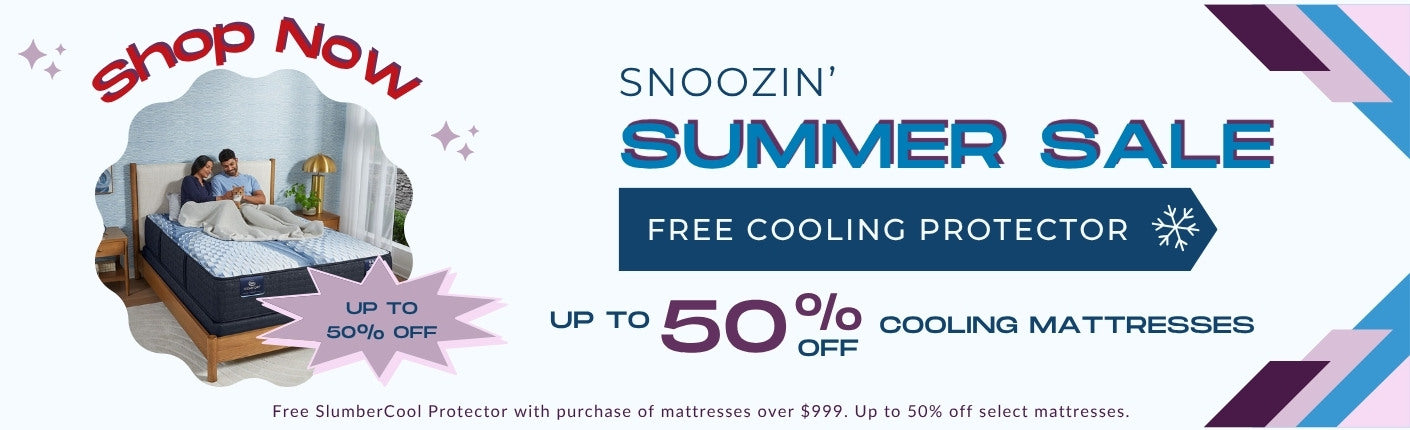 Snoozin summer sale graphic. Up to 50% off select cooling mattresses. Free SlumberCool protector with purchase of mattresses over $999. Image of iComfort Iona mattress.